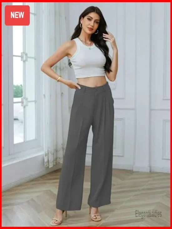 Wide Leg Business Casual Pants Polyester Wrinkle Resistant Office Trousers - Picture 3 of 7